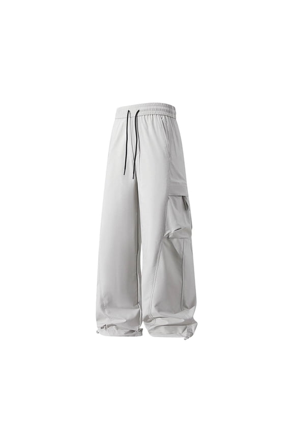 Men Thin Drawstring Elastic High Waist Single Flap Cargo Oversized Wide Leg Quick Dry Woven Pants Adjustable Hem Drawcuff Large Storage Side Pockets Windproof Streetwear Trousers XL