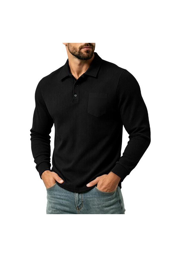 Men Vertical Ribbed Knit Long Sleeve Shirt Chest Patch Pocket Lapel Collar Two Button Placket Slim Fit Golf Daily Casual Tops Black S
