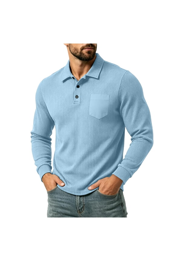 Men Vertical Ribbed Knit Long Sleeve Shirt Chest Patch Pocket Lapel Collar Two Button Placket Slim Fit Golf Daily Casual Tops Blue S