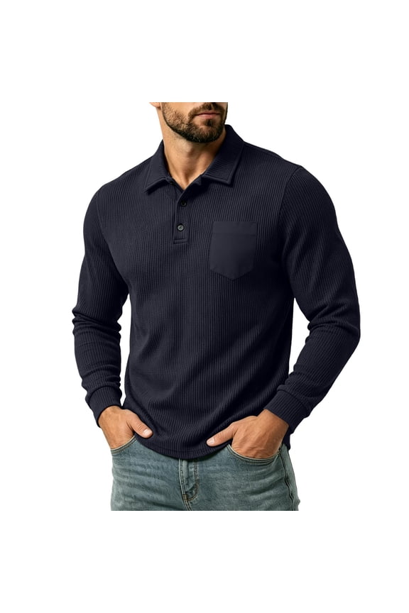 Men Vertical Ribbed Knit Long Sleeve Shirt Chest Patch Pocket Lapel Collar Two Button Placket Slim Fit Golf Daily Casual Tops Blue S