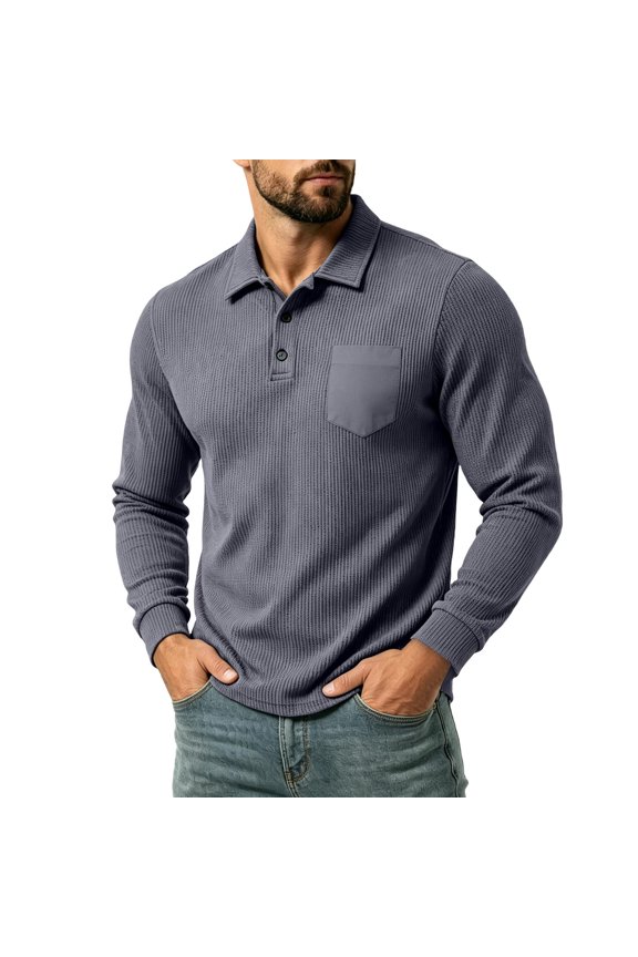 Men Vertical Ribbed Knit Long Sleeve Shirt Chest Patch Pocket Lapel Collar Two Button Placket Slim Fit Golf Daily Casual Tops Gray S