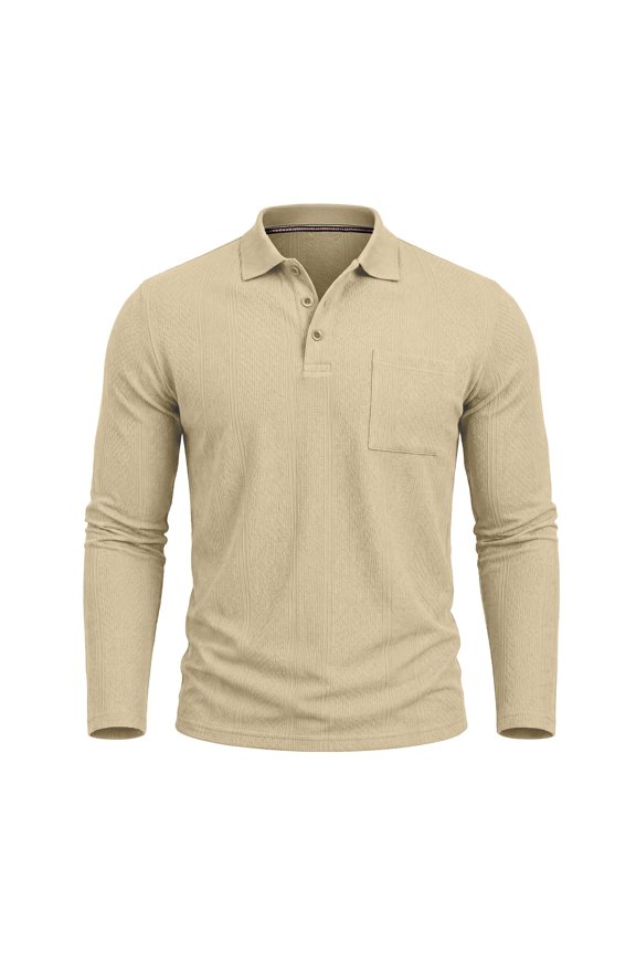 Men Vertical Texture Chest Pocket Long Sleeve Shirt Classic Collar Two Button Placket Breathable Knit Business Golf Daily Tops Beige S