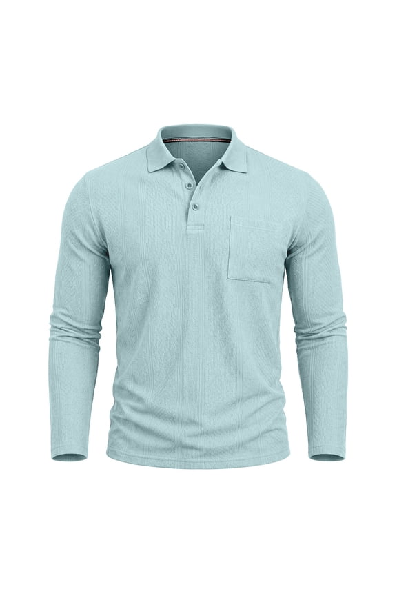 Men Vertical Texture Chest Pocket Long Sleeve Shirt Classic Collar Two Button Placket Breathable Knit Business Golf Daily Tops Blue S