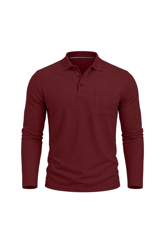 Men Vertical Texture Chest Pocket Long Sleeve Shirt Classic Collar Two Button Placket Breathable Knit Business Golf Daily Tops Red S