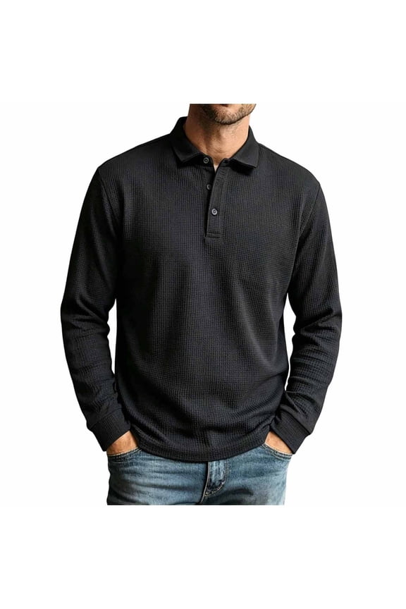 Men Waffle Knit Long Sleeve Shirt Classic Lapel Collar Three Button Placket Rib Cuff Hem Breathable Golf Business Casual Tops Black S