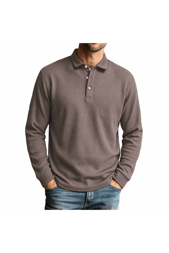Men Waffle Knit Long Sleeve Shirt Classic Lapel Collar Three Button Placket Rib Cuff Hem Breathable Golf Business Casual Tops Yellow S