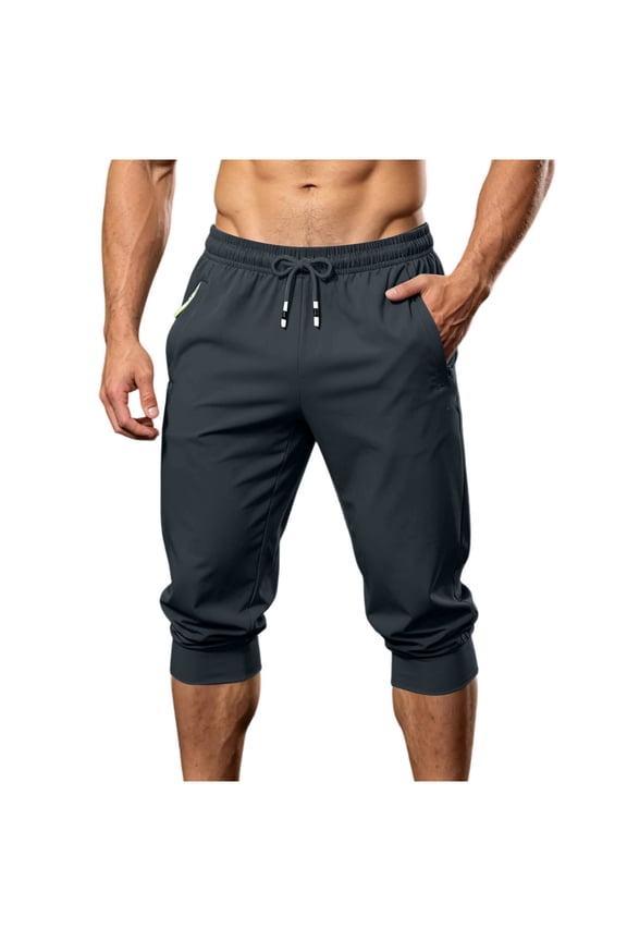 Men White Drawstring Elastic High Waist Cuffed Ankle Knee Length Capri Quick Dry Jogger Pants Deep Side Slip Pockets Lightweight Sports Casual Sightseeing Trousers M