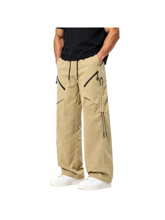Men Wide Leg Cargo Pants Waterproof Stretch Fabric Multi Zipper Security Pockets Drawstring Elastic Waist Techwear Outdoor Trousers Yellow XXXXL