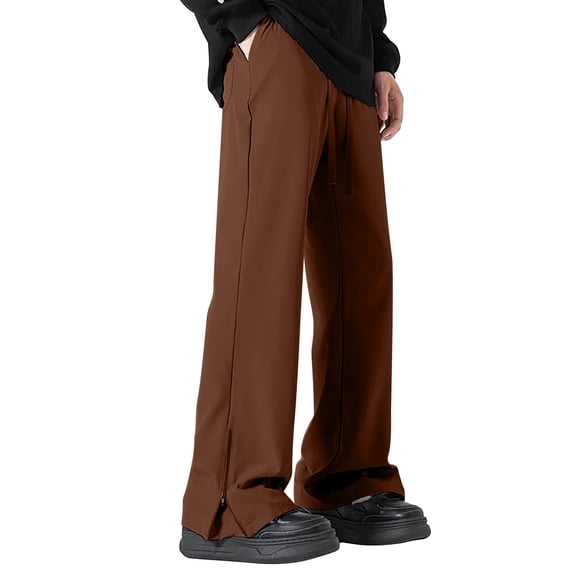 Timoontee Men Wide Leg Casual Pants Smooth Draped Fabric Side Ankle Zipper Split Detail Drawstring Elastic Waist Streetwear Loose Fit Daily Trousers Brown L