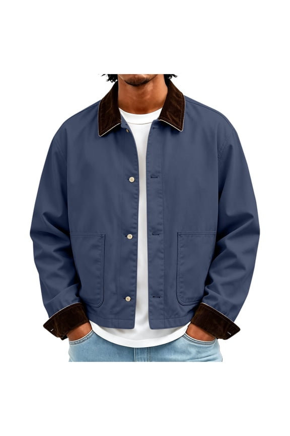 Men Work Utility Jacket Corduroy Contrast Collar Button Front Closure Big Patch Pockets Turn Up Cuffs Relaxed Fit Durable Outer Coat For Farm Work Weekend Casual Male Outerwear Green S