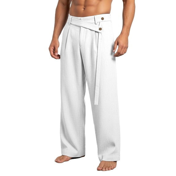 Timoontee Men Wrap Belt Pleated Wide Leg Linen Pants Button Waistband Breathable Crinkle Fabric Loose Fit Beach Resort Vacation Casual Trousers White XXXL