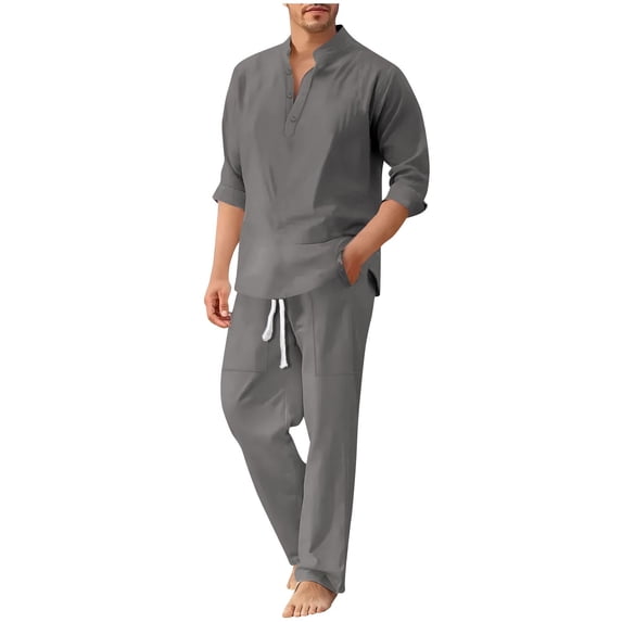 Timoontee Men's 2 Piece Beach Sets Lightweight Loose Summer Casual Sets Long Sleeve Button Mock Neck Shirts and Drawstring Shorts Sets for Daily & Vacation Gray M