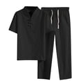 thumbnail image 1 of Timoontee Men's 2 Piece Cotton Linen Sets Lightweight Summer Beach Sets Short Sleeve Lapel Shirts with Elastic Waist Drawstring Pants Casual Sweatsuits Black XXXXL, 1 of 6
