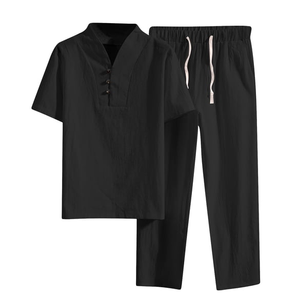 Timoontee Men's 2 Piece Cotton Linen Sets Lightweight Summer Beach Sets Short Sleeve Lapel Shirts with Elastic Waist Drawstring Pants Casual Sweatsuits Black XXXXL