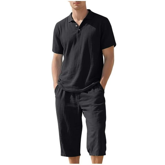 Timoontee Men's 2 Piece Cotton Linen Sets Lightweight Summer Beach Sets Short Sleeve Mock Neck Shirts with Elastic Waist Drawstring Capri Pant Casual Sweatsuits Black M