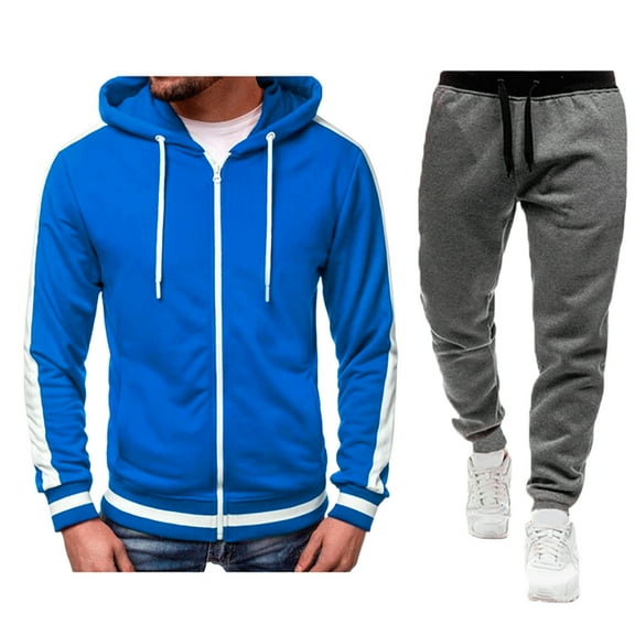 Timoontee Men's 2 Piece Set Solid Tracksuit Long Sleeve Hoodies Full Zip Sweatshirts Drawstring Elastic Waist Joggers Fashion Casual Clothes Blue L