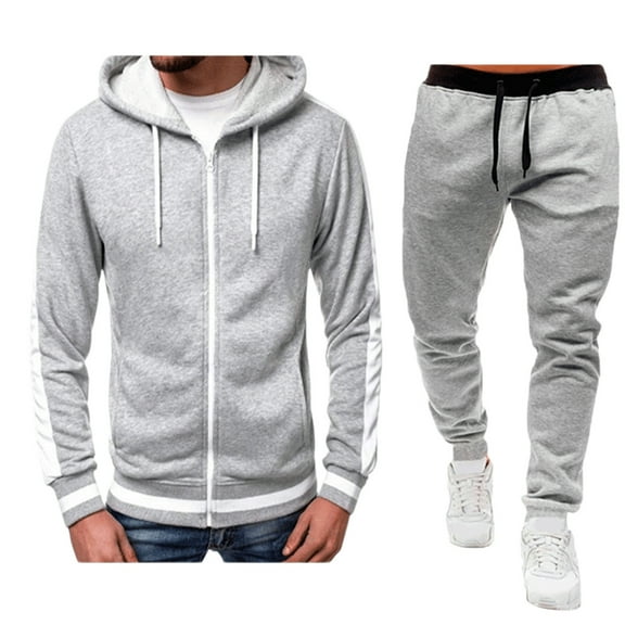 Timoontee Men's 2 Piece Set Solid Tracksuit Long Sleeve Hoodies Full Zip Sweatshirts Drawstring Elastic Waist Joggers Fashion Casual Clothes Silver L