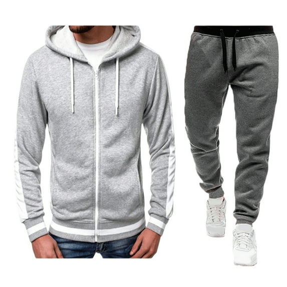 Timoontee Men's 2 Piece Set Solid Tracksuit Long Sleeve Hoodies Full Zip Sweatshirts Drawstring Elastic Waist Joggers Fashion Casual Clothes White L