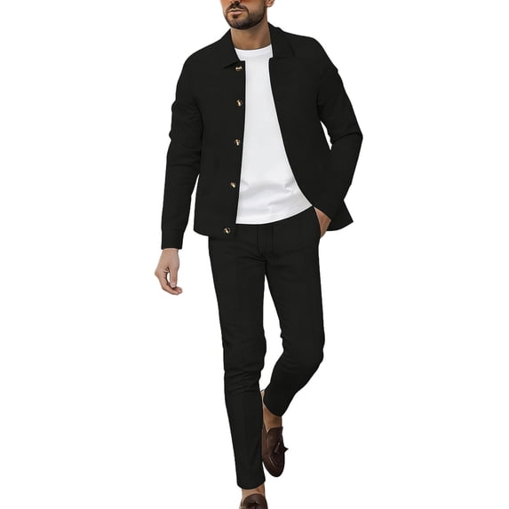 Timoontee Men's 2 Piece Waffle Knit Sets Long Sleeve Lapel Button Down Jacket with Elastic Waist Drawstring Pant Breathable Casual Tracksuit Black XL