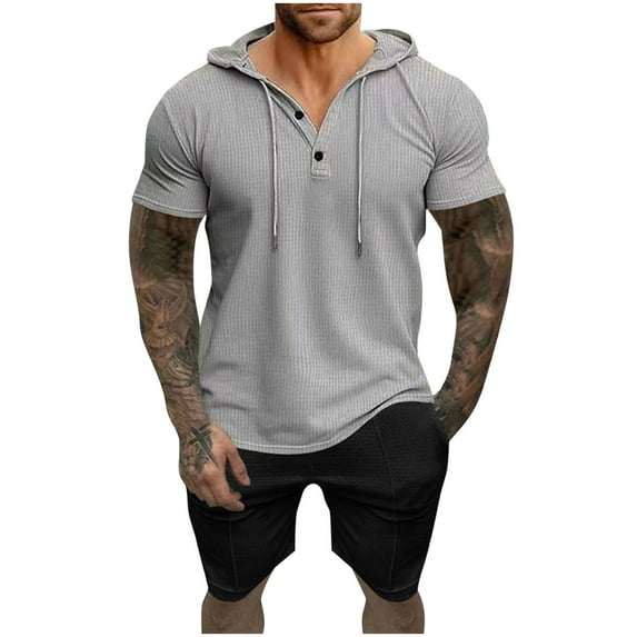 Timoontee Men's 2 Piece Waffle Sets Summer Casual Beach Vacation Sets Short Sleeve Hoodies with Drawstring Shorts Lightweight Hiking Workout Tracksuit Dark Gray XXL