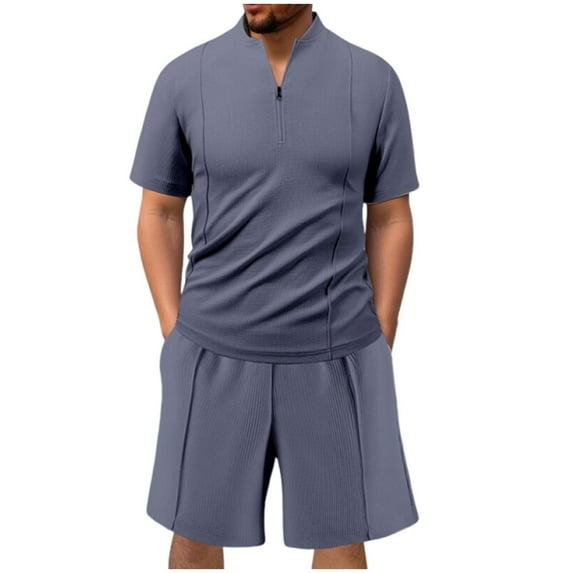 Timoontee Men's 2 Piece Waffle Sets Summer Casual Beach Vacation Sets Short Sleeve Mock Neck Shirts with Loose Drawstring Shorts Lightweight Tracksuit Gray XXXL