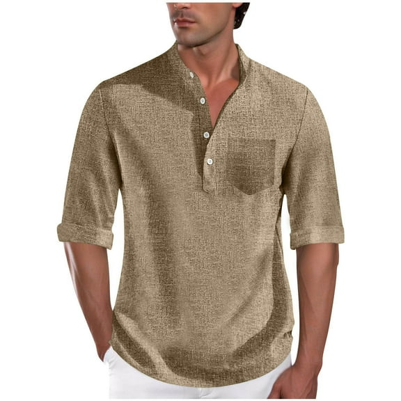 Timoontee Men's 3/4 Long Sleeve Shirts Henley Shirt 1/4 Button Up Pullover Top Lightweight Spring Casual Shirts Summer Beach Shirts Khaki M