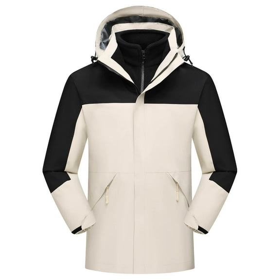Timoontee Men's 3-in-1 Jacket Coat Outdoor Casual Windbreaker Waterproof Rain Jacket Fleece Lined Warm Coats Color Block Full Zip Outerwear Coat with Zip Pockets Beige L