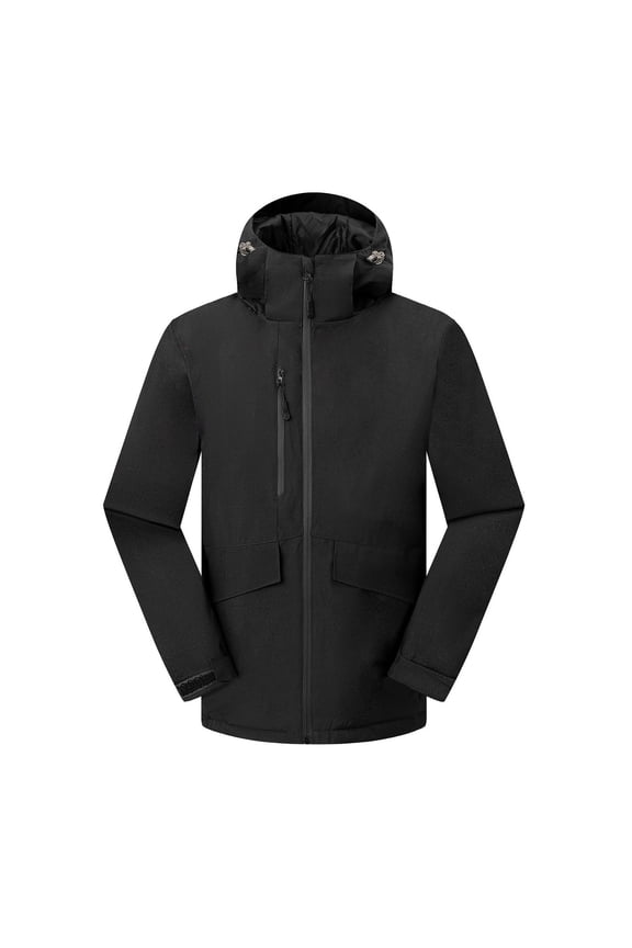 Men's 3-in-1 Puffer Jacket Coat Outdoor Casual Hiking Windbreaker Thickened Padded Warm Hooded Coats Solid Full Zip Outerwear Coat Black M