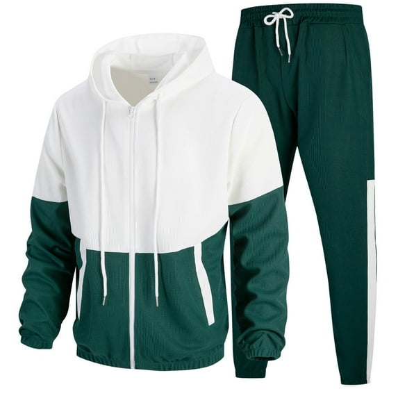 Timoontee Men's Active Tracksuits Full Zip Sports Suits Sets 2 Piece Sweatsuits Long Sleeve Hoodies with Drawstring Joggers Color Block Casual Outfits Green L