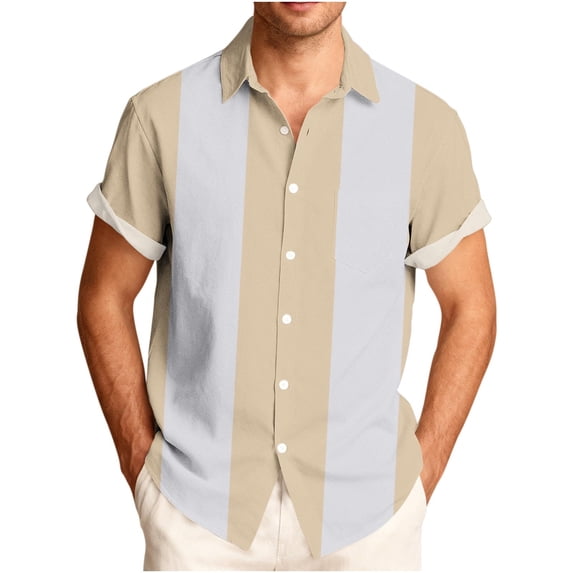 Timoontee Men's Athletic Short Sleeve Shirt Collared Printed Button Detail Lightweight Summer Wear Easy Care Everyday Wear Beige S