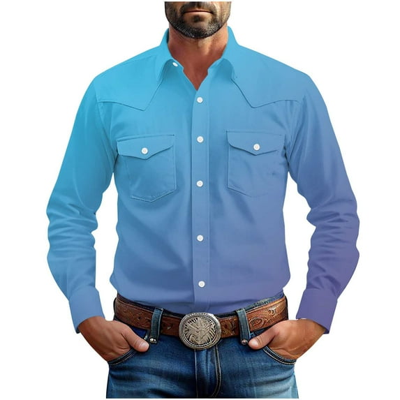 Timoontee Men's Cardigan Shirts Casual Long Sleeve Lapel Collar Button Down T-Shirt Regular Fit Lightweight Gardient Color Tops with Two Pockets Sky Blue L