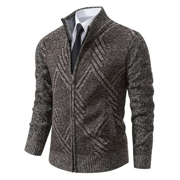 Timoontee Men's Cardigan Sweater Casual Comfy Stand Collar Tops Jacquard Textured Zip Up Sweater Slim Fit Knit Sweater Fall Winter Thickened Warm Sweater Coffee M