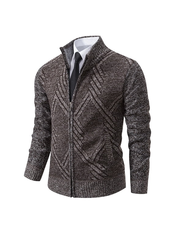 Men's Cardigan Sweater Casual Comfy Stand Collar Tops Jacquard Textured Zip Up Sweater Slim Fit Knit Sweater Fall Winter Thickened Warm Sweater Coffee L