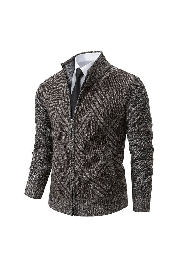 Men's Cardigan Sweater Casual Comfy Stand Collar Tops Jacquard Textured Zip Up Sweater Slim Fit Knit Sweater Fall Winter Thickened Warm Sweater Coffee L