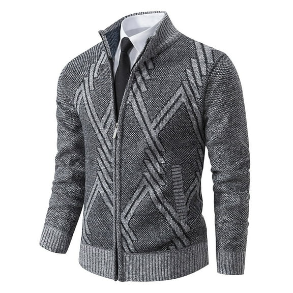 Timoontee Men's Cardigan Sweater Casual Comfy Stand Collar Tops Jacquard Textured Zip Up Sweater Slim Fit Knit Sweater Fall Winter Thickened Warm Sweater Gray M