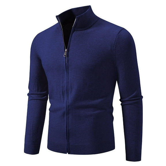 Timoontee Men's Cardigan Sweater Casual Comfy Stand Collar Tops Solid Zip Up Sweater Slim Fit Knit Sweater Fall Winter Fashion Clothes Dark Blue XXL
