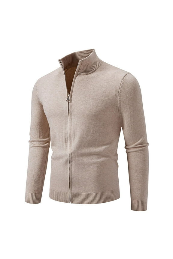 Men's Cardigan Sweater Casual Comfy Stand Collar Tops Solid Zip Up Sweater Slim Fit Knit Sweater Fall Winter Fashion Clothes Khaki M