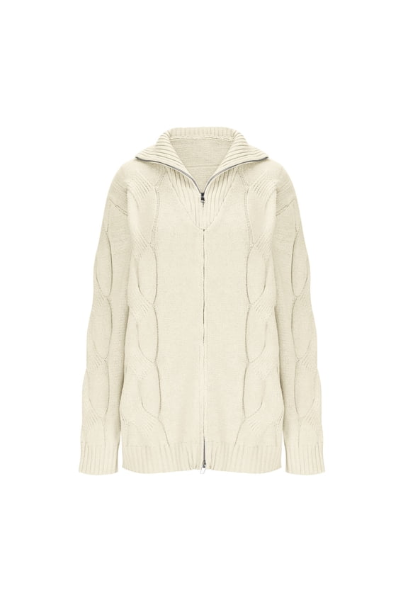 Men's Cardigan Sweater Solid Double Zip Up Tops Cable Knit Sweater Long Sleeve Stand Collar Sweater Fall Winter Casual Warm Sweaters Beige S