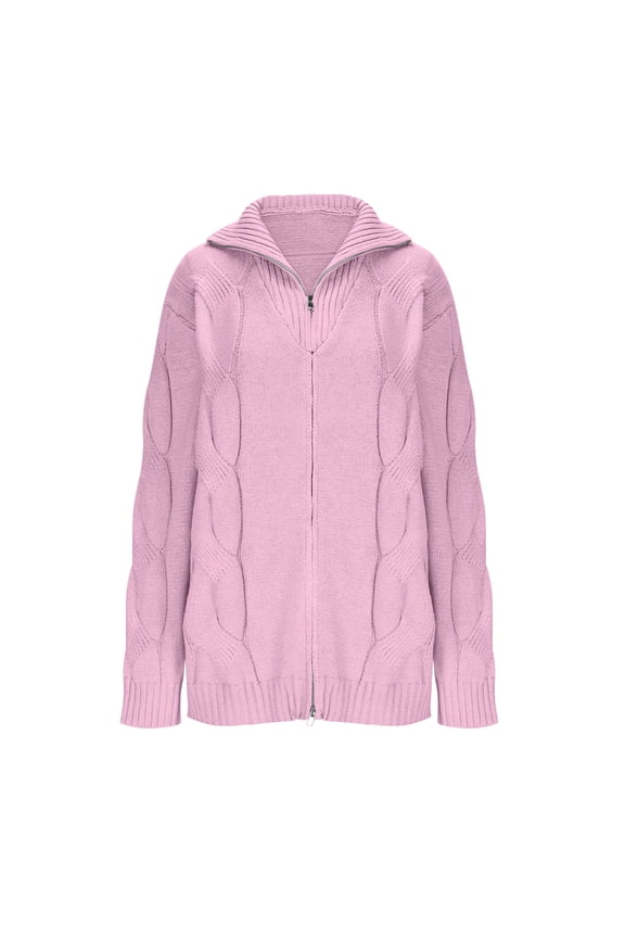 Men's Cardigan Sweater Solid Double Zip Up Tops Cable Knit Sweater Long Sleeve Stand Collar Sweater Fall Winter Casual Warm Sweaters Pink XXL