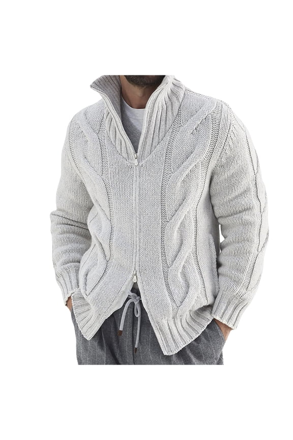 Men's Cardigan Sweater Solid Double Zip Up Tops Cable Knit Sweater Long Sleeve Stand Collar Sweater Fall Winter Casual Warm Sweaters Gray M