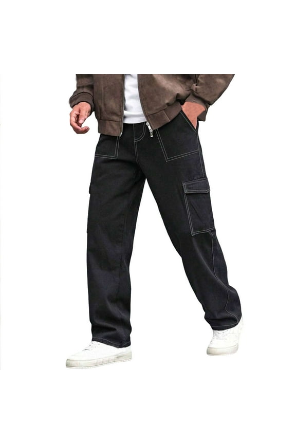 Men's Cargo Jeans Regular Fit High Waist Casual Straight Leg Pants Outdoor Athletic Solid Pants with Multi Pockets Black L