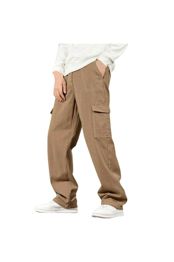 Men's Cargo Jeans Regular Fit High Waist Casual Straight Leg Pants Outdoor Athletic Solid Pants with Multi Pockets Yellow XL