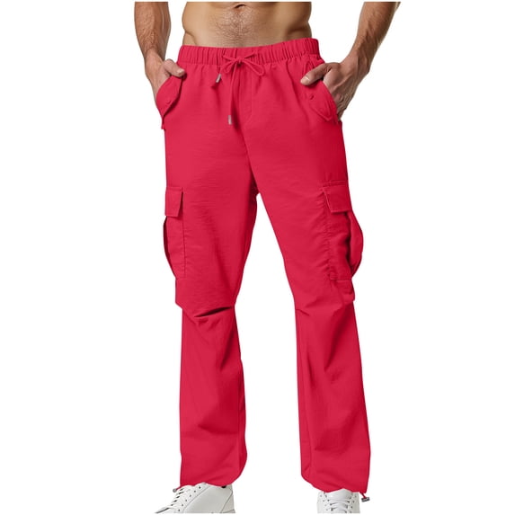 Timoontee Men's Cargo Pants Modern Fit Drawstring Sports Pants Lightweight Elastic Waist Solid Pants with Multi Pockets Hot Pink L