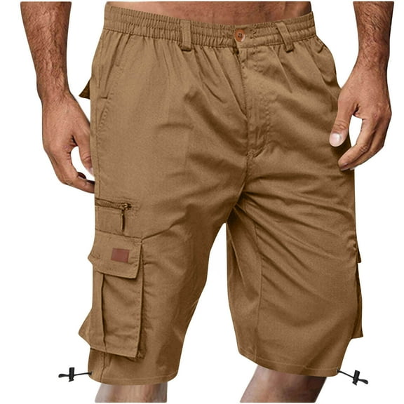 Timoontee Men's Cargo Shorts Relaxed Fit Elastic Waist Casual Knee-length Shorts Quick Dry Zipper Button Shorts with Pockets Khaki L