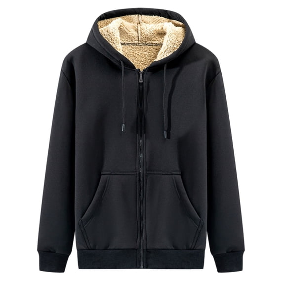 Timoontee Men's Casual Coats Fleece Lined Warm Jacket Coat Solid Hooded Sweatshirts Full Zip Outerwear Coat Fall Winter Trendy Coat with Pocket Black XXL