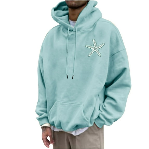 Timoontee Men's Casual Hooded Sweatshirts Loose Long Sleeve Trendy Animal Graphic Hoodies Fall Winter Lightweight Solid Kangaroo Pocket Warm Coat Light Blue L