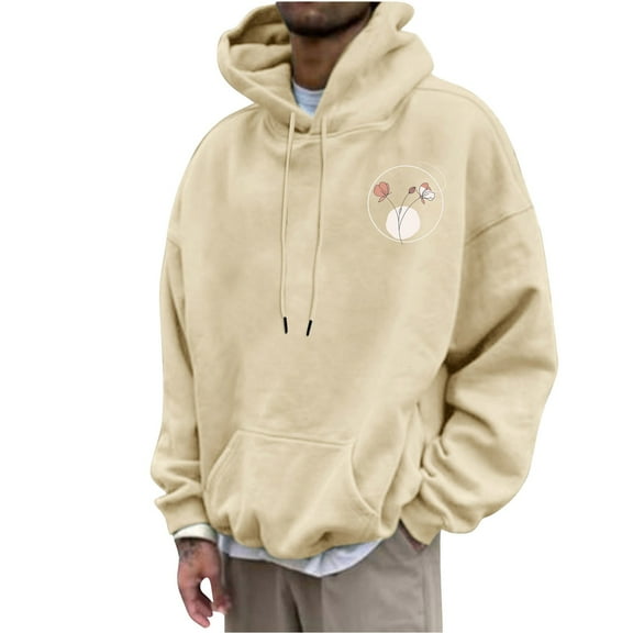 Timoontee Men's Casual Hooded Sweatshirts Loose Long Sleeve Trendy Graphic Hoodies Fall Winter Lightweight Solid Kangaroo Pocket Warm Coat Beige M