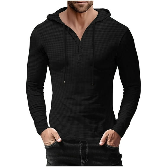 Timoontee Men's Casual Hoodies Modern Fit Long Sleeve Waffle Textured Quarter Button Pullover Tops Lightweight Solid Hooded Sweatshirts for Hiking Jogger Running Workout Black S