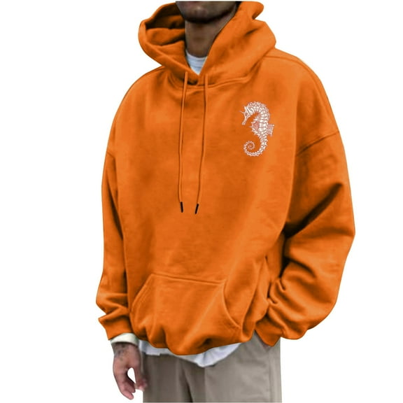 Timoontee Men's Casual Hoodies Relaxed Fit Lightweight Long Sleeve Hooded Sweatshirts Fall Winter Fashion Animal Prints Pocket Warm Tops Orange M