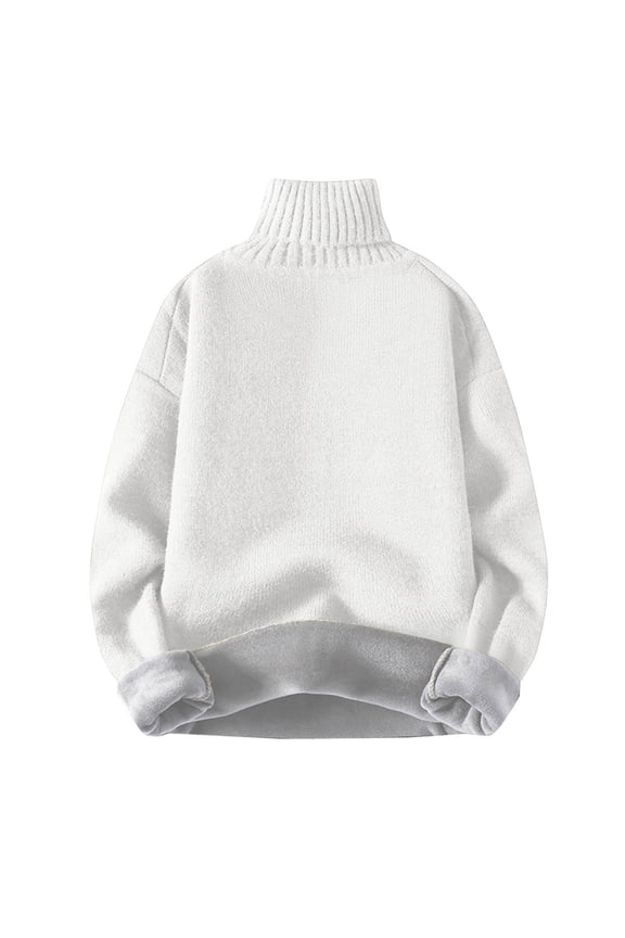 Men's Casual Knit Sweater Thickened Warm Sweater Long Sleeve Turtleneck Sweaters Solid Pullover Tops Fall Winter Comfy Sweaters White L